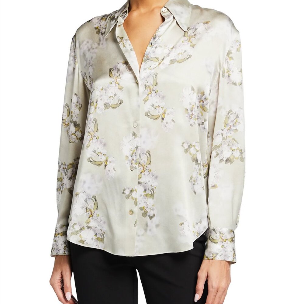 Vince Hazy Blossom Silk Blouse Cream Green Size Large